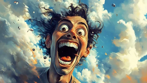 Wild skyward scream erupts in a swirl of clouds and color