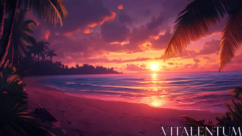 Tropical shoreline sunset rendered in vivid digital painting