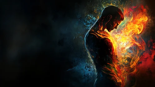 Fiery silhouette leans into glowing light in swirling color