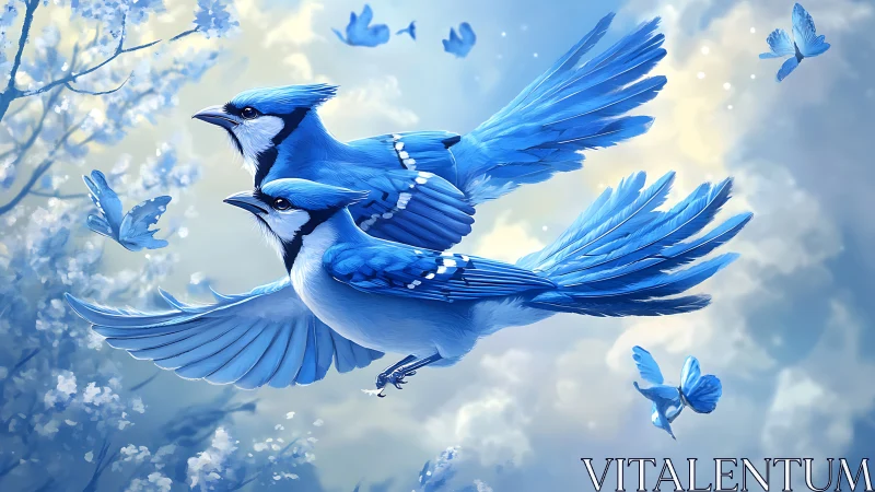 Blue jays in soft spring sky with drifting butterflies.