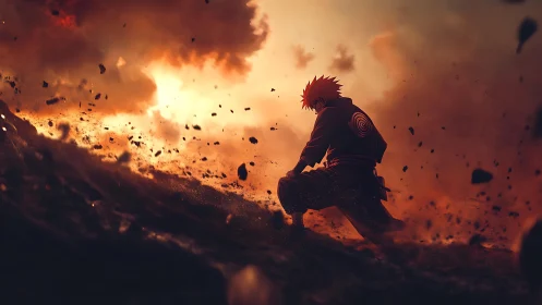 Fiery anime warrior kneels in a storm of glowing embers.