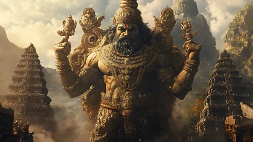 Colossal multi-armed warrior deity statue amid Dravidian temple towers.