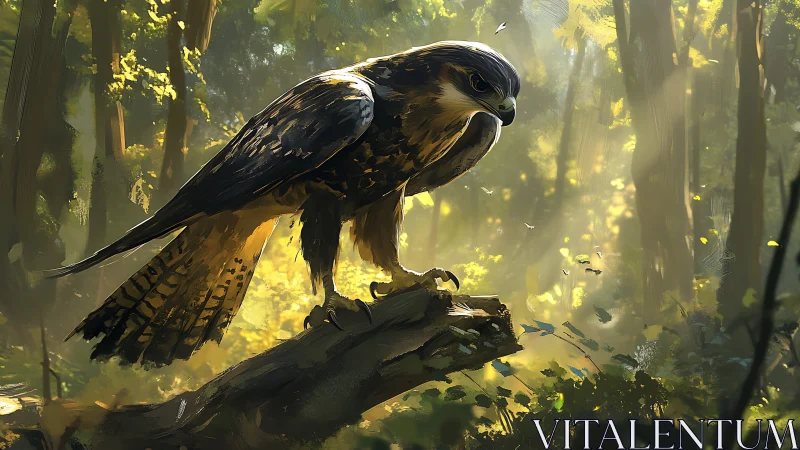 Majestic Hawk in Sunlit Forest, Digital Painting Realism.