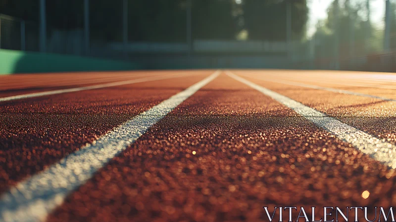 Sunlit running track surface with white lane markings.
