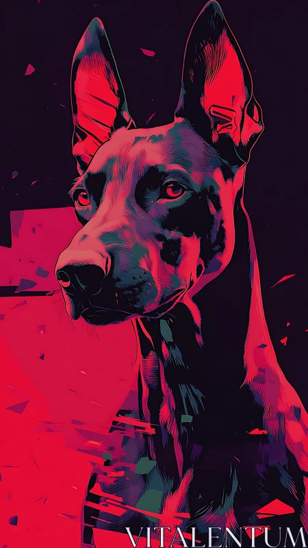 Neon-toned stylized dog portrait with abstract fragments.