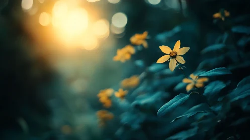 Yellow Flowers Glowing in Twilight Garden