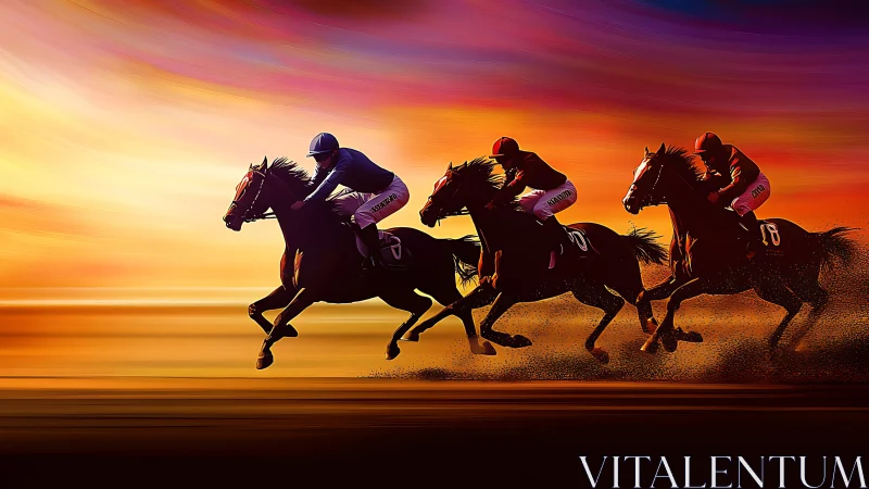 Dynamic sunset jockeys racing across glowing horizon.