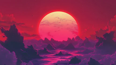 Neon-graded alien seascape with oversized sun and volumetric clouds