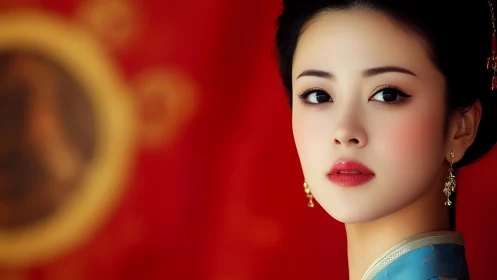 Elegant woman in traditional attire against vivid red backdrop.