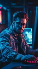 Focused gamer in neon-lit setup leans into intense gameplay.