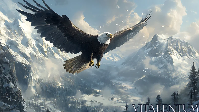 Majestic bald eagle soaring over snowy mountain landscape, realistic art.
