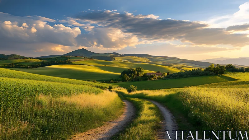 Sunlit rural valley road cuts through rolling green fields.