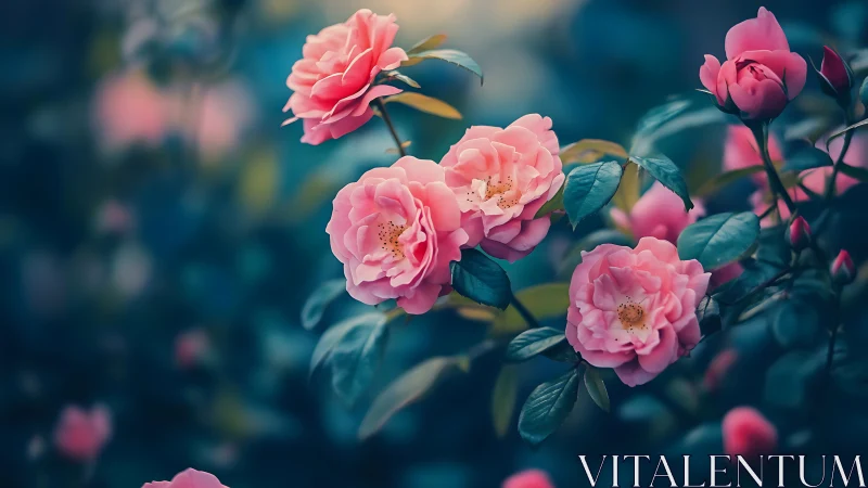 Pink Roses in Soft Focus Garden. Blooming botanical arrangement..