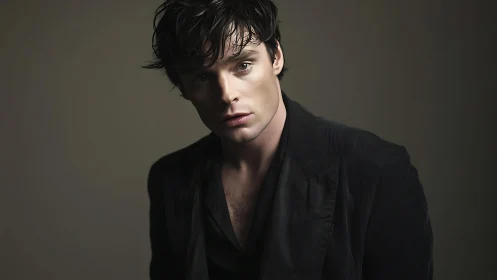 Photorealistic low-key male portrait with soft rim lighting.