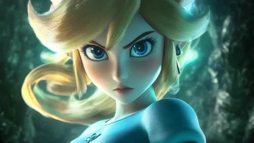 Determined blonde heroine glares ahead in glowing forest.