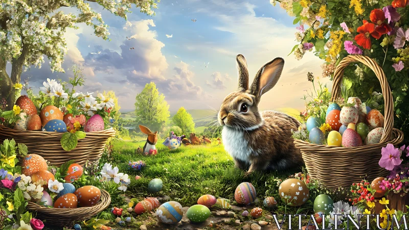 Spring meadow hare guarding rainbow baskets of Easter wonder.