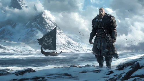 Viking warrior dominates frozen fjord beneath storm peaks.