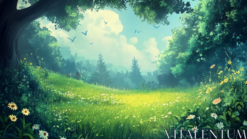 Sunlit meadow clearing lies between dense green forest edges