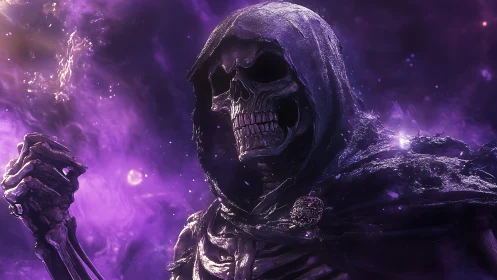 Necrotic void wraith in luminescent violet particle storm.