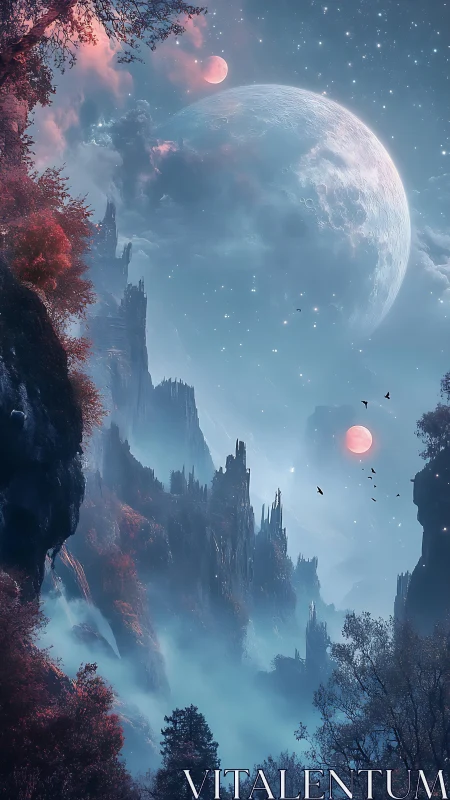 Lunar parallax over misted spires in chromatic twilight.