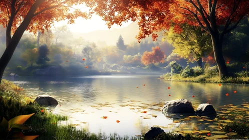 Digital painting of luminous autumn lake with layered foliage.