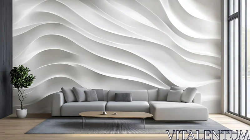 Minimalist living room with sculpted white wave wall.