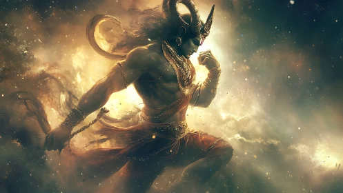 Mythic warrior god strides through blazing cosmic storm.