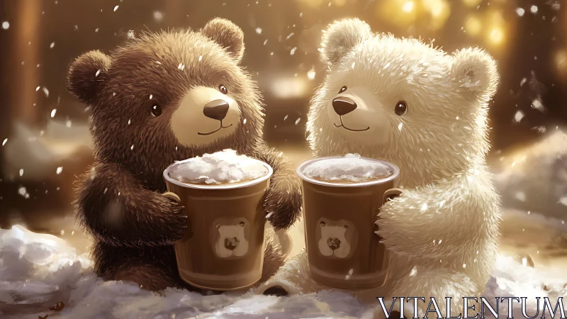 Digital painting of winter teddy bears sharing hot cocoa.