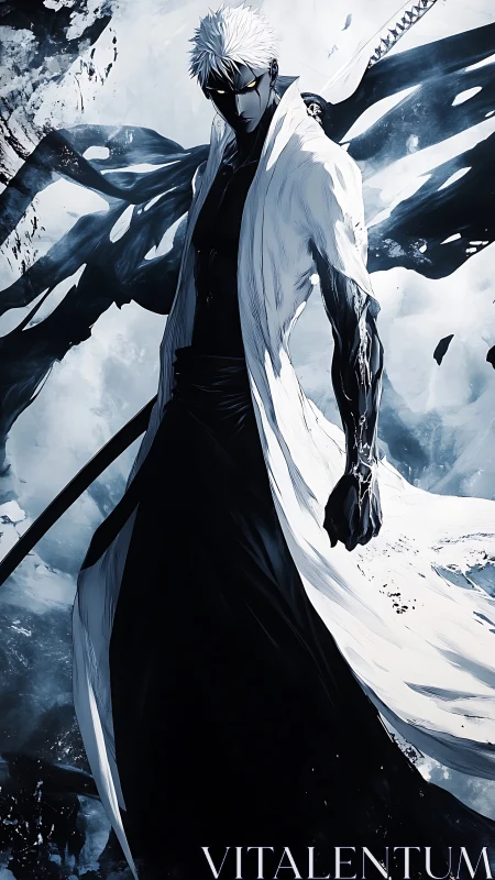 White haired swordsman channels shadow energy in snowstorm.