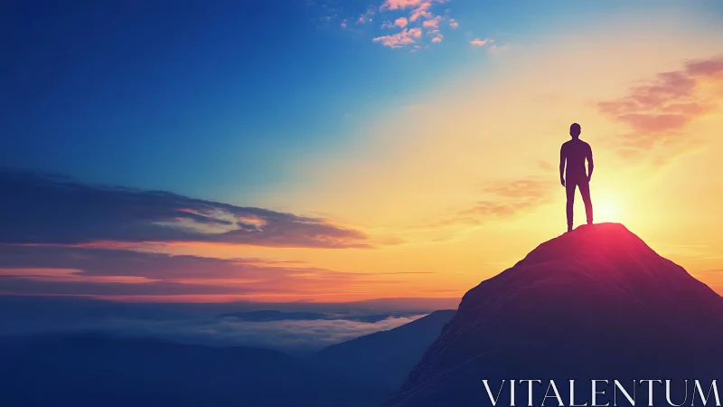 Silhouette stands atop mountain peak under radiant sunrise