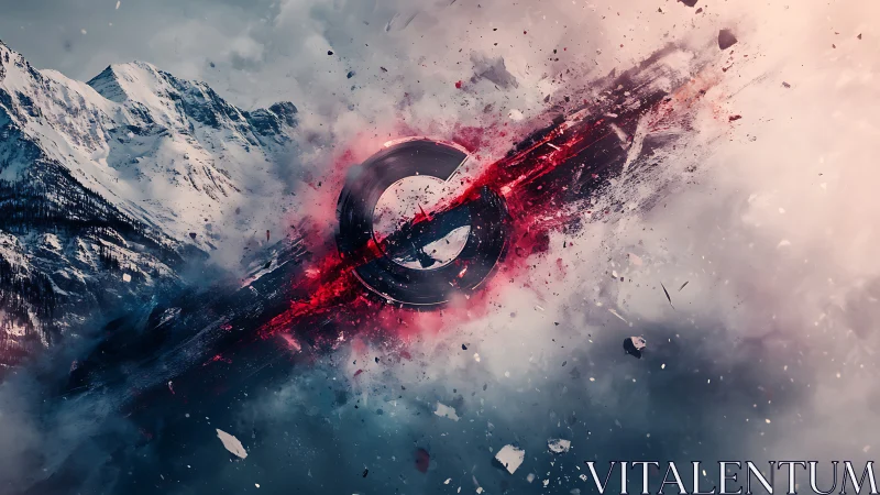 Shattering energy ring cuts through mist and mountain sky