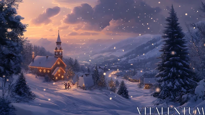 Snow-laden alpine village illuminated by church lights at dusk