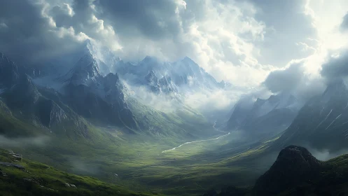 Mountainous valley under dense cloud cover with river channel.