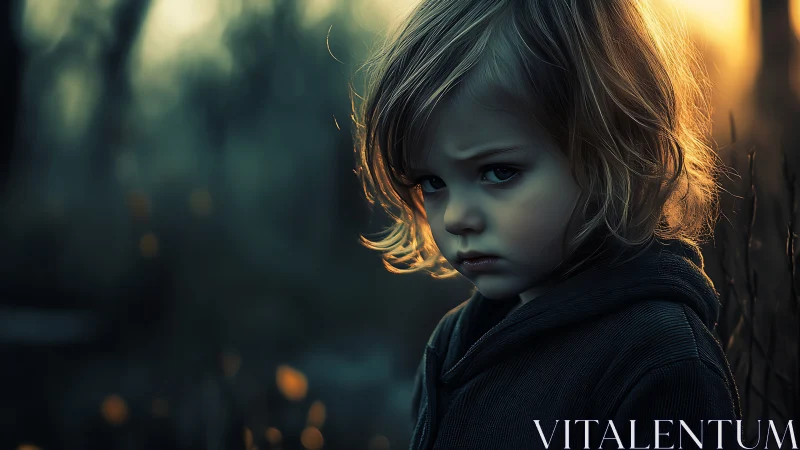 Child stands in low light outdoors with backlit hair visible