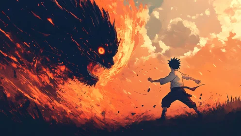 Human figure facing flaming beast in orange sky scene.