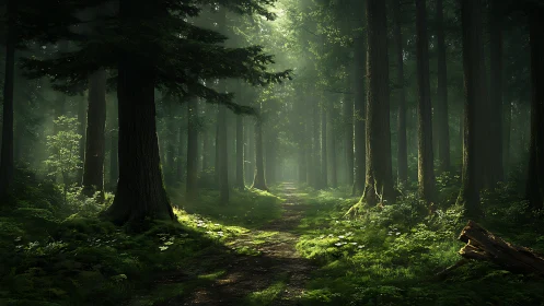 Ancient Temperate Forest Corridor with Atmospheric Volumetric Lighting