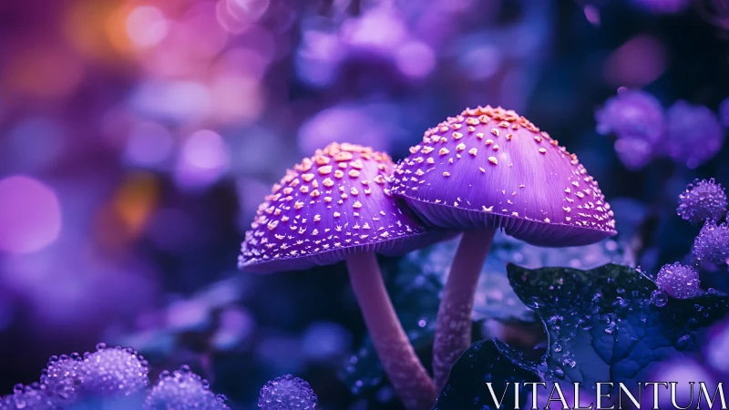 Bioluminescent-style violet mushrooms under shallow-depth optics.