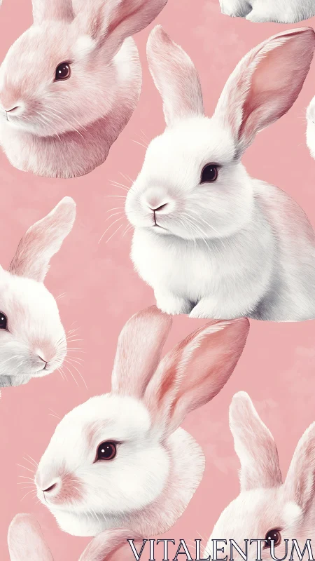 Soft white bunnies gaze sweetly across a rosy pink sky