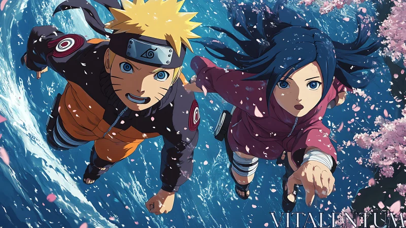 Dynamic anime duo soaring through swirling blue waters.