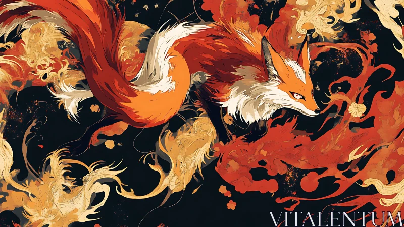 Fox pirouettes through molten brushstrokes of swirling flame