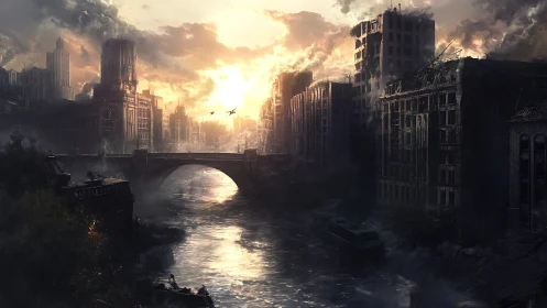 Ruined river city at dawn with bridge and warplanes overhead.