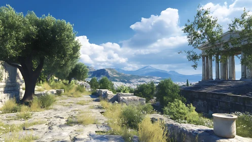 Ancient stone pathway runs toward classical hilltop temple ruins