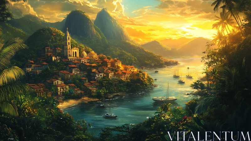 Tropical Harbor at Golden Hour: Architectural Townscape Within Mountain Amphitheater