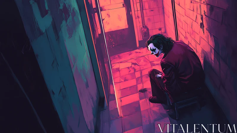 Chromatic corridor study of solitary clown figure in decay.