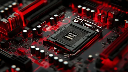 Red-lit CPU socket on high-density gaming motherboard.