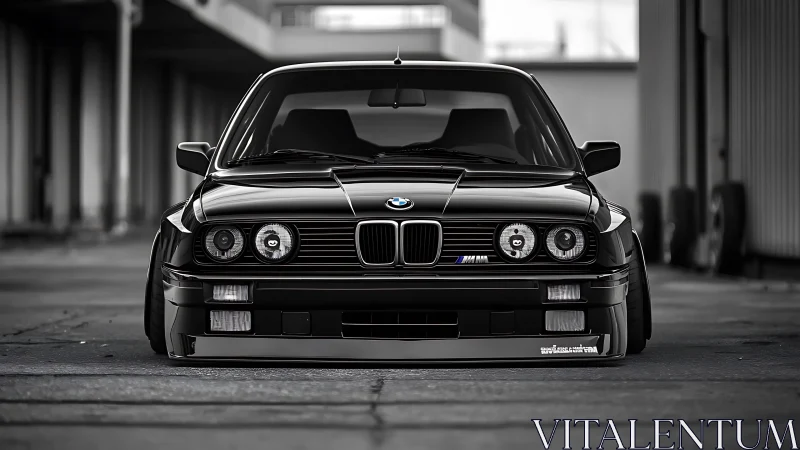 Lowered black BMW E30 front view shows aggressive stance