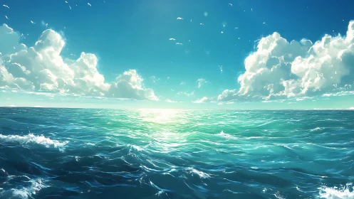 Luminous ocean horizon beneath towering sunlit clouds.