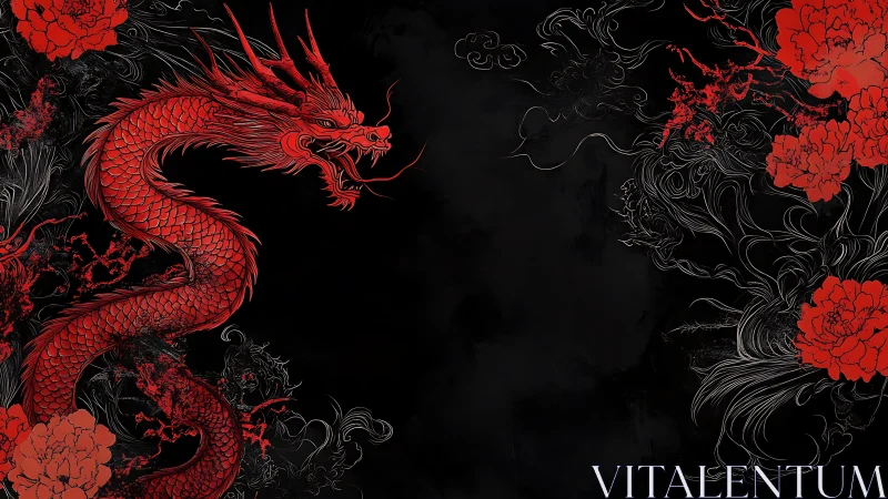Red oriental dragon coils amid floral smoke on black field