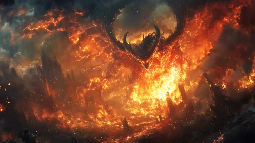 Infernal dragon unfurls its wings above a collapsing world