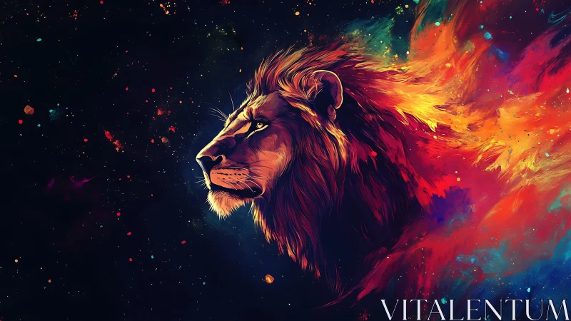 Digital painting of cosmic lion profile with nebula mane.